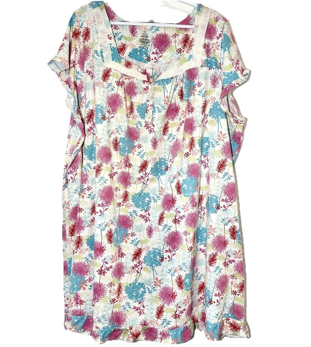 Pink K 4X Floral Cotton Nightgown Short Sleeve Lace Trim Plus Size Sleepwear